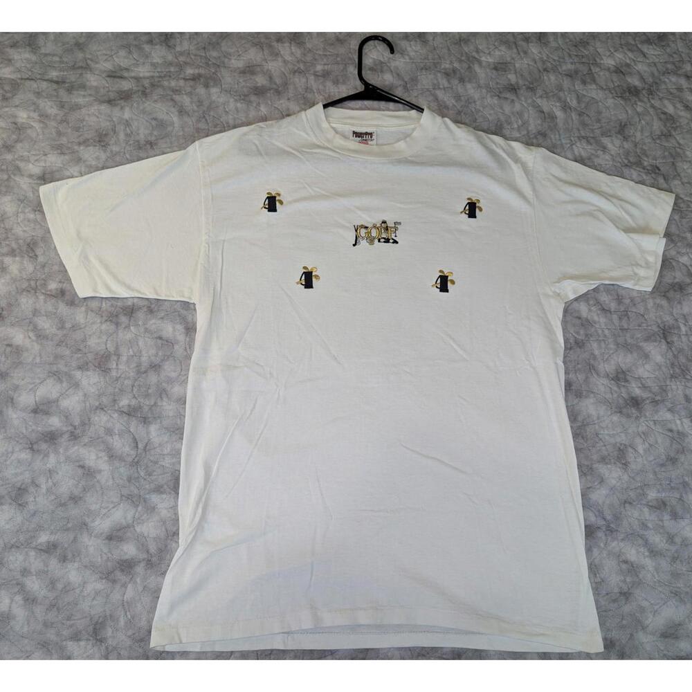 Vintage Oneita PowerPro Golf Embroidered White T Shirt Size Large USA Golfer Bag